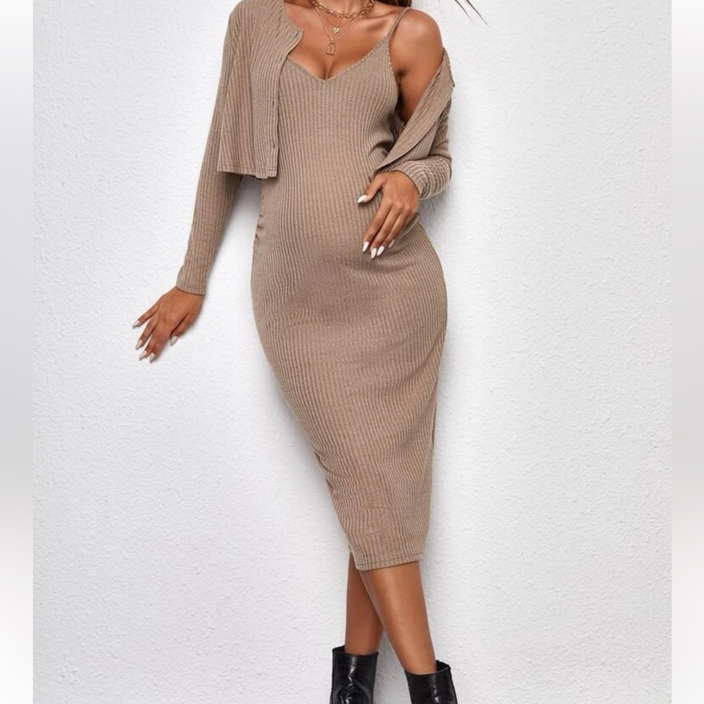 Maternity Rib-knit Cami Bodycon Dress With Jacket